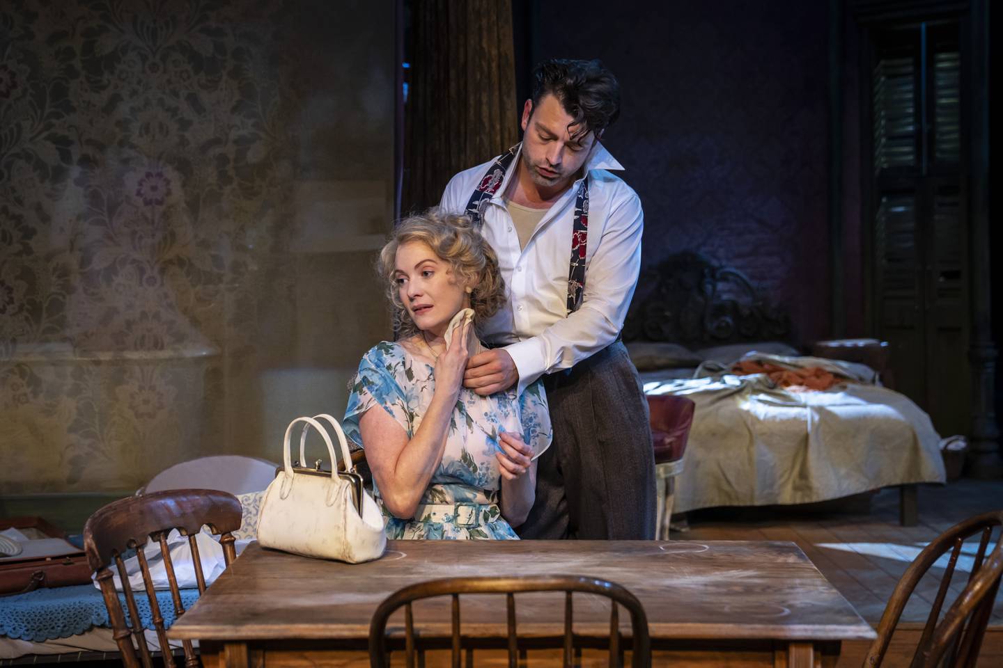 Amanda Drinkall (left) plays Blanche and Casey Hoekstra is Stanley in A Streetcar Named Desire by Tennessee Williams, Paramount Theatre’s 2023-24 BOLD Series finale. Performances are March 13-April 21, 2024 at Paramount’s Copley Theatre, 8 E. Galena Blvd. in downtown Aurora. Tickets: paramountaurora.com or (630) 896-6666. Credit: Liz Lauren