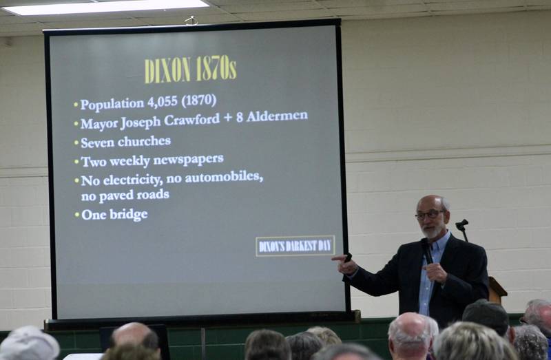 Historian Tom Wadsworth sets the stage for the telling of the Truesdell Bridge Disaster of 1873, reminding his audience it took place just eight years after the end of the Civil War. The Founders Day celebration was held Tuesday, April 11, 2023, at Loveland Community House and Museum in Dixon.