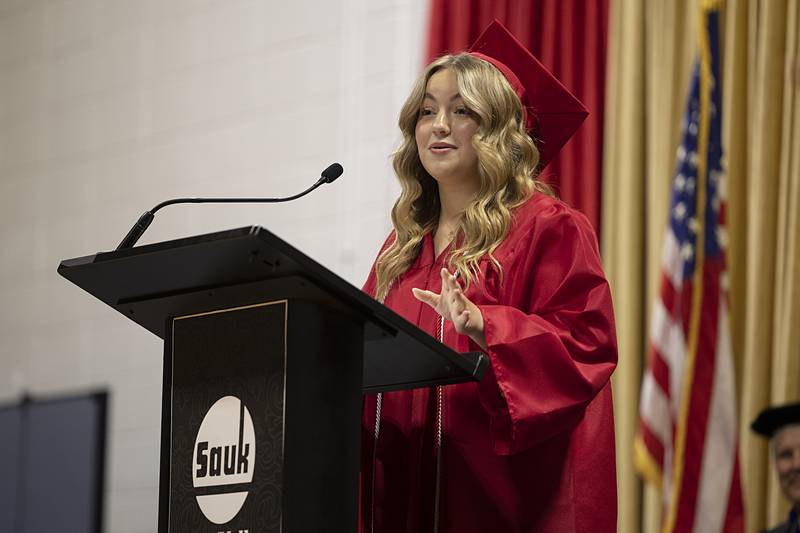 Student speaker Chloe Coil takes the stage and thanks faculty, friends and her parents for their support in her studies Friday, May 10, 2024 during SVCC’s 2024 commencement.