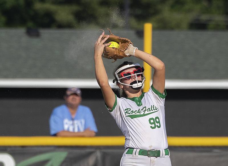 Rock Falls’s Maddison Morgan hauls in a pop-up against Princeton Wednesday, May 15, 2024 a the Class 2A regional softball semifinal.