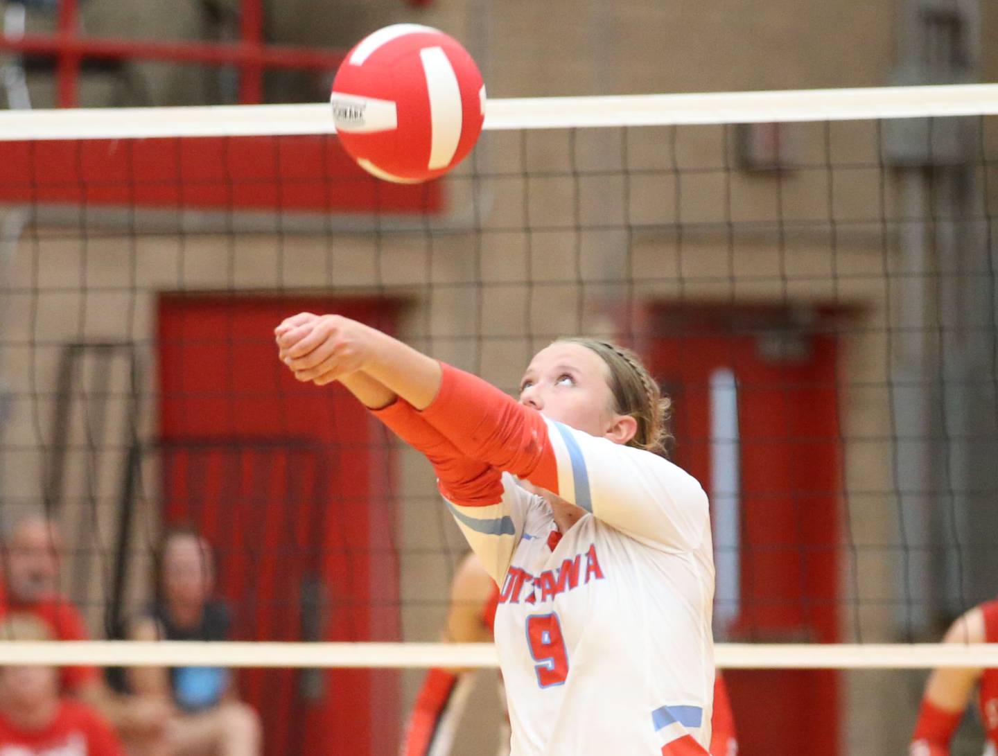 Ottawa's Skylar Dorsey hits the ball in the air against Streator on Thursday, Aug. 29, 2024 in Kingman Gym at Ottawa High School.