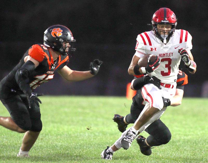 Huntley’s Jordan Oruche runs the ball in varsity football on Friday, Aug. 30, 2024, at Metcalf Field on the campus of Crystal Lake Central High School in Crystal Lake.