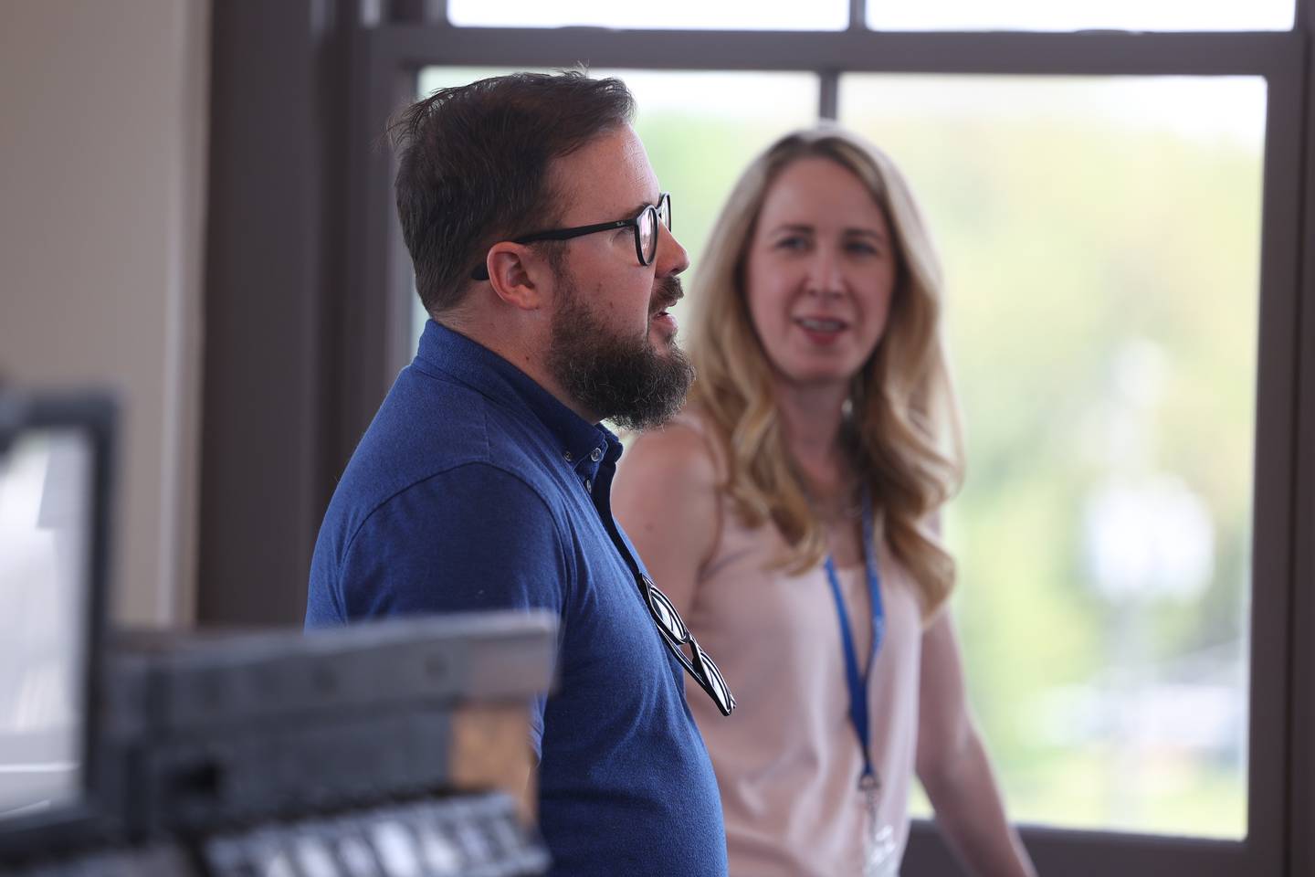 Greg Peerbolte, CEO Joliet Historical Museum, left and Jayne Bernhard, Joliet City Planner, have been working together to open the train museum in the Old Union Depot Tower at the Joliet Gateway Center station on Thursday, May 11, 2023 in Joliet.