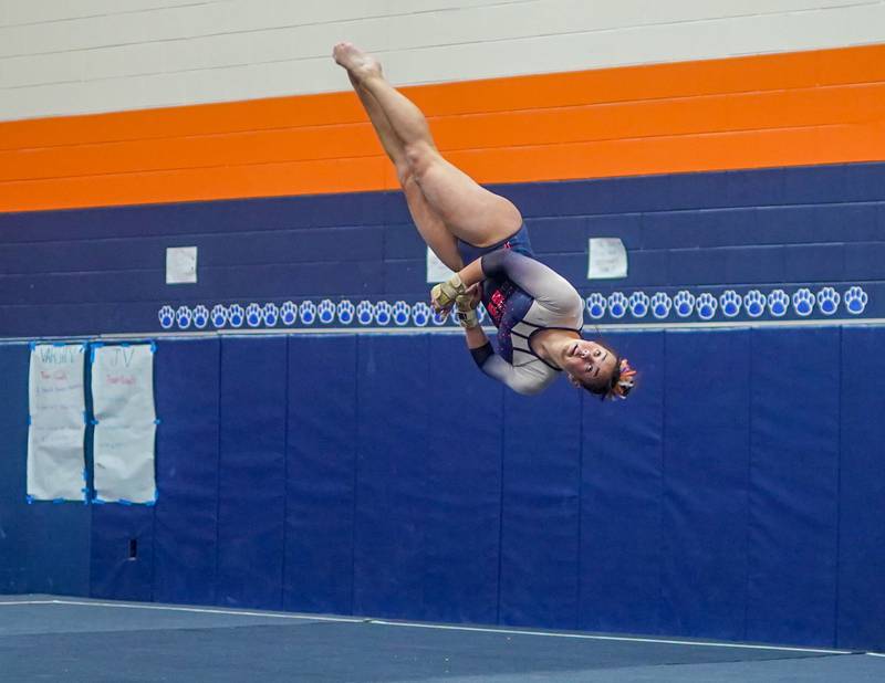 Oswego Co-op's Ava Sullivan executes a tumbling run in the floor exercise during the Oswego Regional Gymnastics Meet at Oswego High School on Monday, Jan 29, 2024.