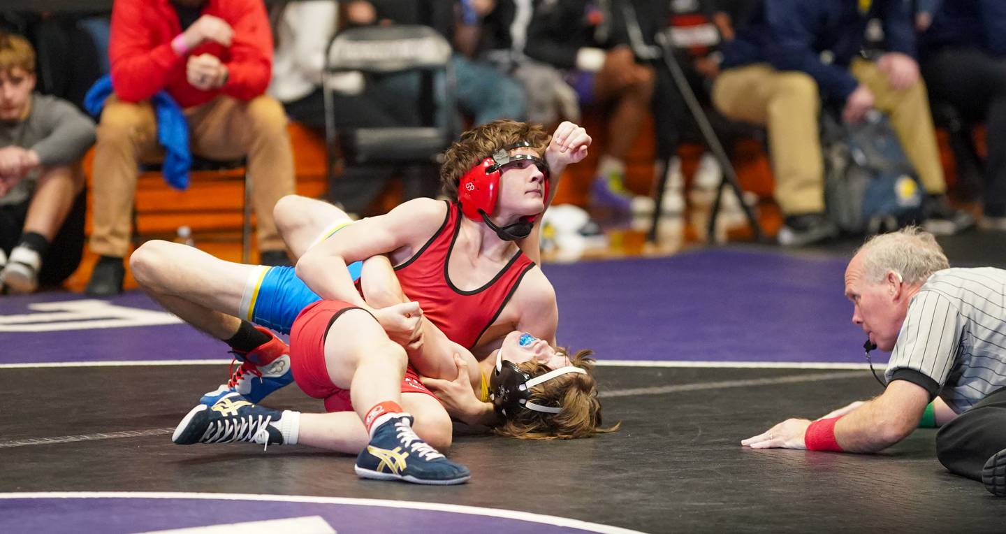 Amboy’s Landon Blanton pins Chicago DeLaSalle’s Anthony Trendle to win the 120 pound championship match during the Reaper Classic Wrestling meet at Plano High School on Saturday, Dec 9, 2023.