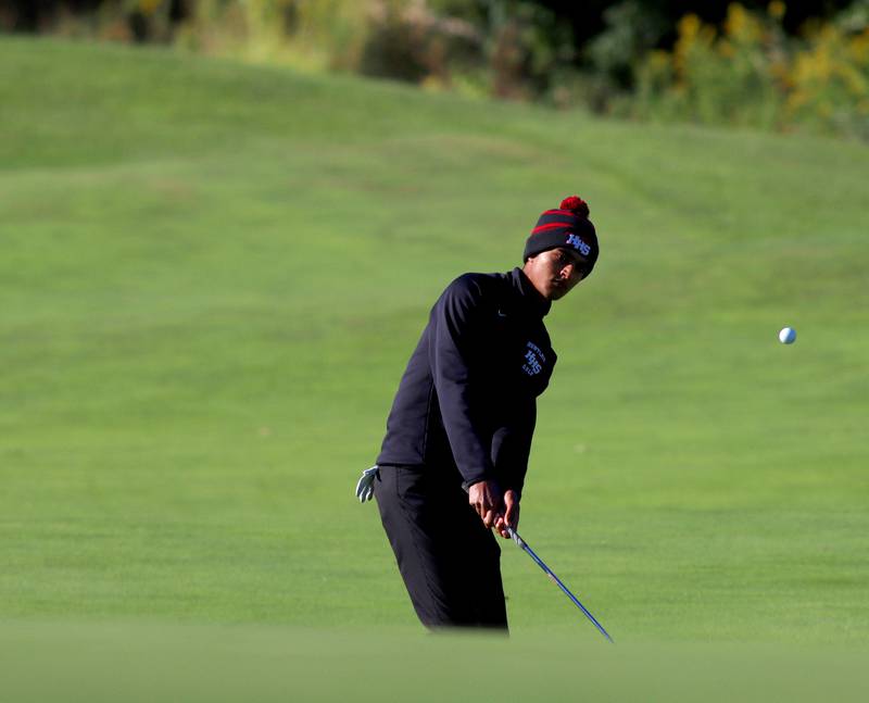 Huntley’s Taig Bhathal chips onto the 5th green in Cary-Grove High School 2024 Invitational varsity golf action on Saturday, Sept. 7, 2024, at Foxford Hills Golf Club in Cary.