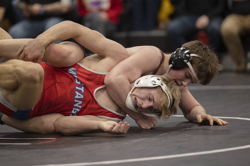 Rockridge’s Ryan Lower controls Morrison’s Brady Anderson in the 165 pound title match Saturday, Feb. 3, 2024 during the class 1A Fulton wrestling regionals.