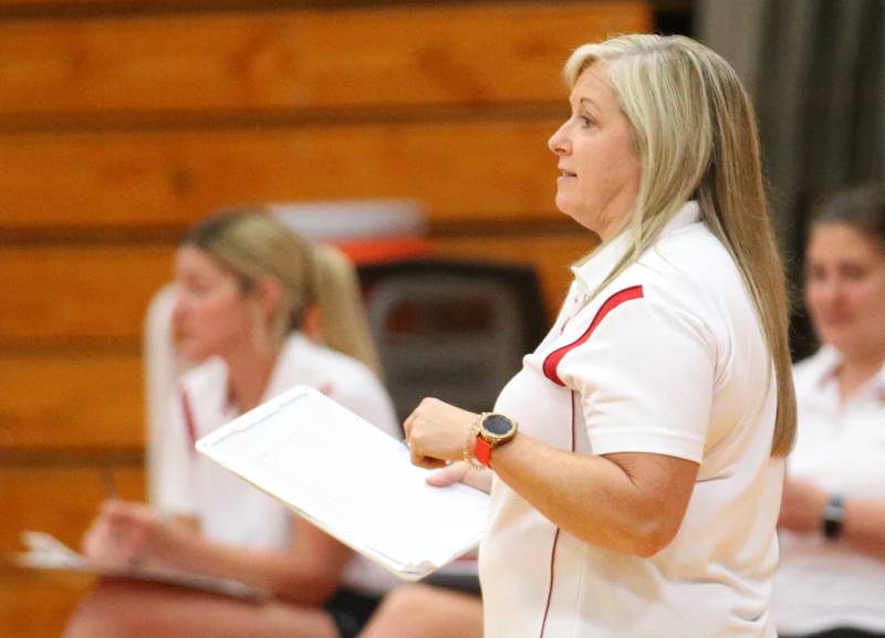 Streator head volleyball coach Julie Gabehart coaches her team against Woodland on Monday, Aug. 26, 2024 at Streator High School. Streator head volleyball coach Julie Gabehart coaches her team against Woodland on Monday, Aug. 26, 2024 at Streator High School.