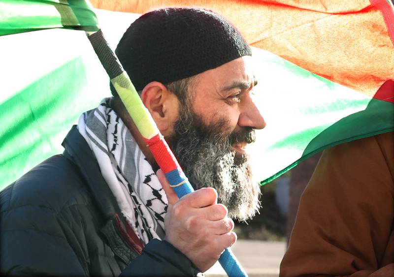 Wahbeh Tawil protests during a rally against the Israel–Hamas war Thursday, Feb. 29, 2024, outside the Holmes Student Center at Northern Illinois University at DeKalb.