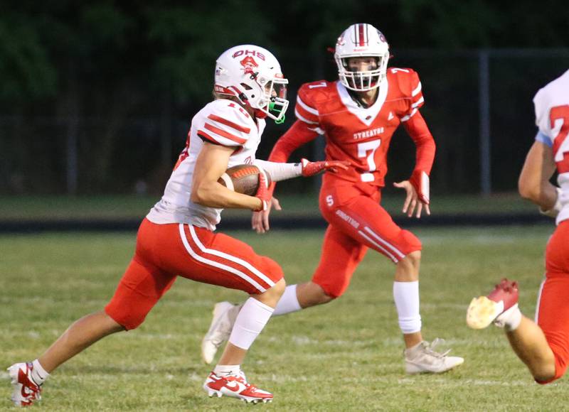 Ottawa's Jack Pongracz sprints down the field as Streator's Tristan Finley defends on Friday, Sept. 6, 2024 at Doug Dieken Stadium.