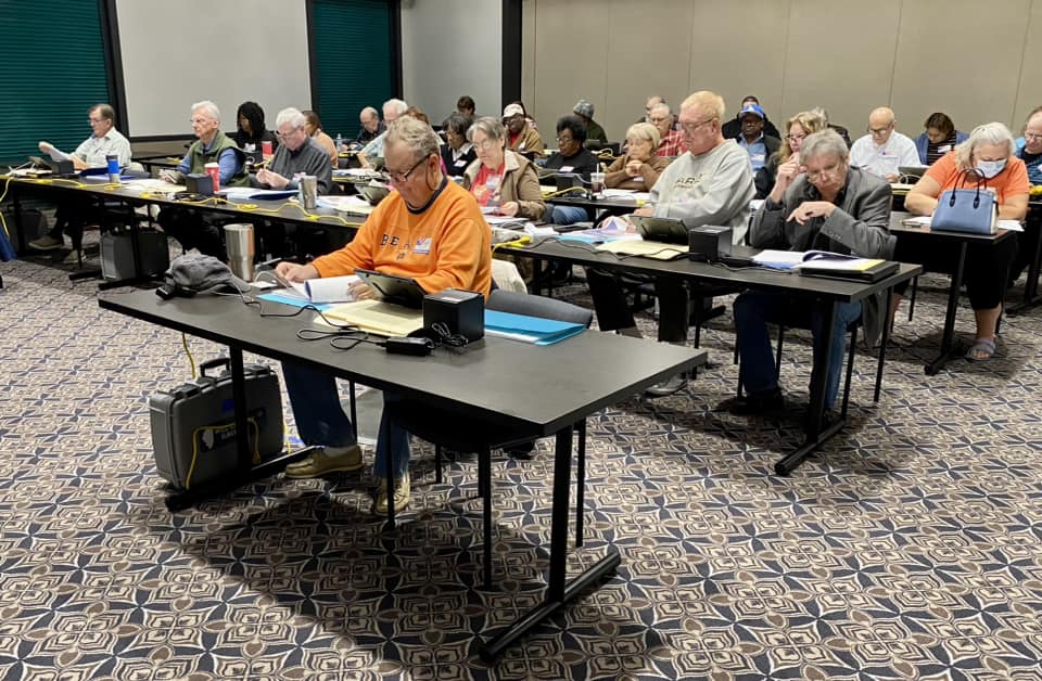 Election judges for the 2024 elections participate in training at the Will County Clerk's Office. Oct. 24, 2024.