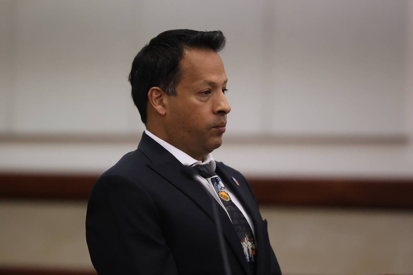 Javier Esqueda during a status hearing at the Kendall County Courthouse. Esqueda faces official misconduct charges for leaking video of Eric Lurry’s arrest. Lurry died from a drug overdose. Tuesday, June 14, 2022 in Yorkville.