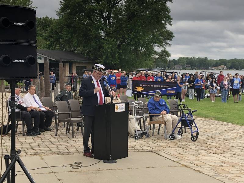 Chad Miller speaks during the Johnsburg Memorial Day ceremony Monday May 27, 2024.