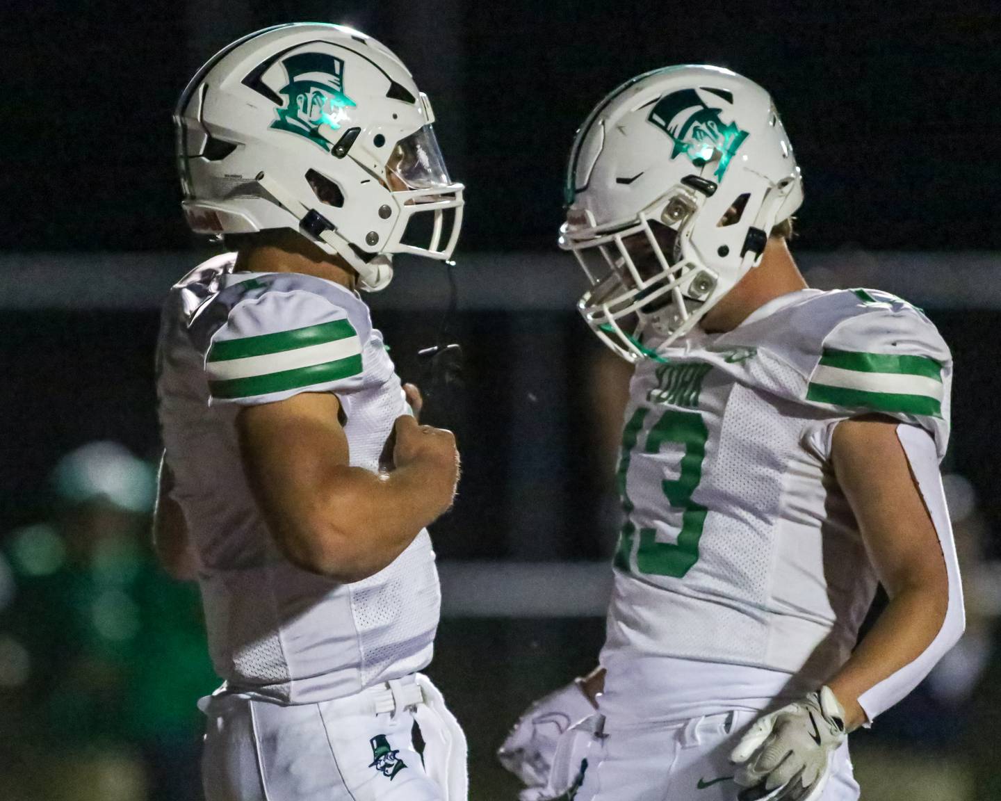 York's Bruno Massel (1) celebrates his touchdown run with Jack Birnbaum (13) during a football game between York at Plainfield North on Friday, Sept 6th, 2024 in Plainfield. Gary E Duncan Sr for Shaw Local News Network.