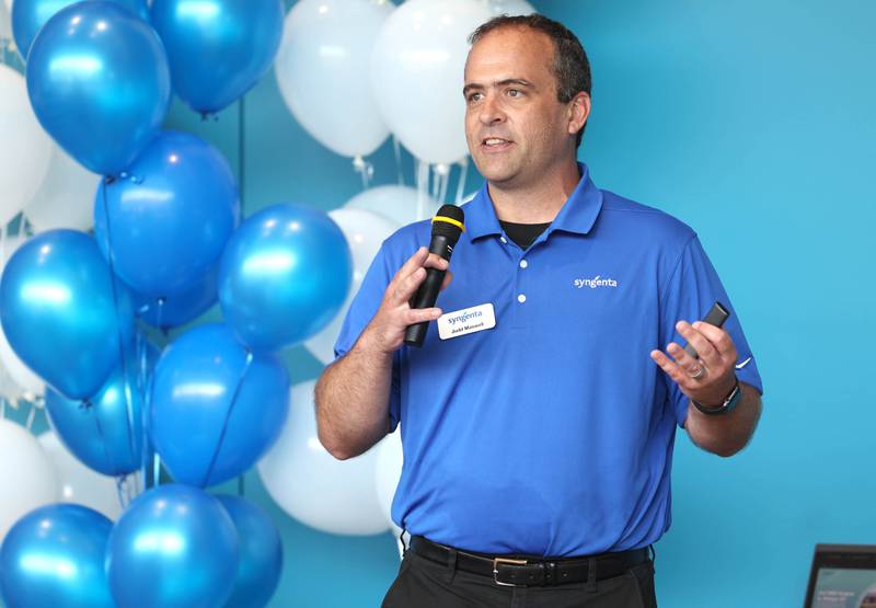 Judd Maxwell, corn product placement manager with Syngenta, speaks Friday, June 23, 2023, at the grand opening of the Syngenta Seeds Research and Development Innovation Center in Malta.