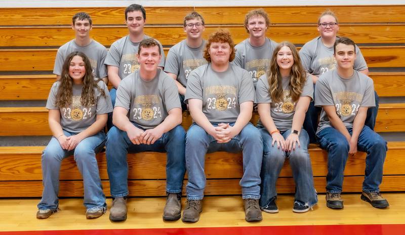 The Forreston High School FFA Chaoter recently ackowledged 2023-2024 Seniors, Pictured, left to right, in the front row are: Brynn Lamm, Grant Johnson, Aaron Dallman, Sam Appel, and Zach Peirson. Back row: Tymon Runkle, Chris Symons, Kaeden Motszko, Ethan Bocker, and Dylon Timmer.