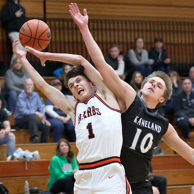 DeKalb’s Jackson Kees and Kaneland's Troyer Carlson try to catch a pass during their game Monday, Feb. 12, 2024, at Huntley Middle School in DeKalb.