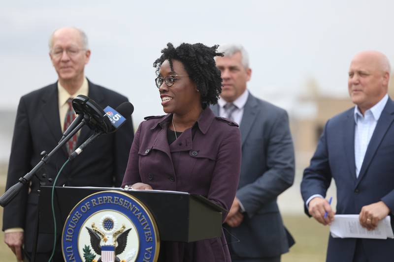 Congresswoman Lauren Underwood speaks at the press conference announcing new funding from the Bipartisan Infrastructure Law for the state of Illinois at the City of Joliet Aux Sable Wastewater Treatment Plant on Tuesday.