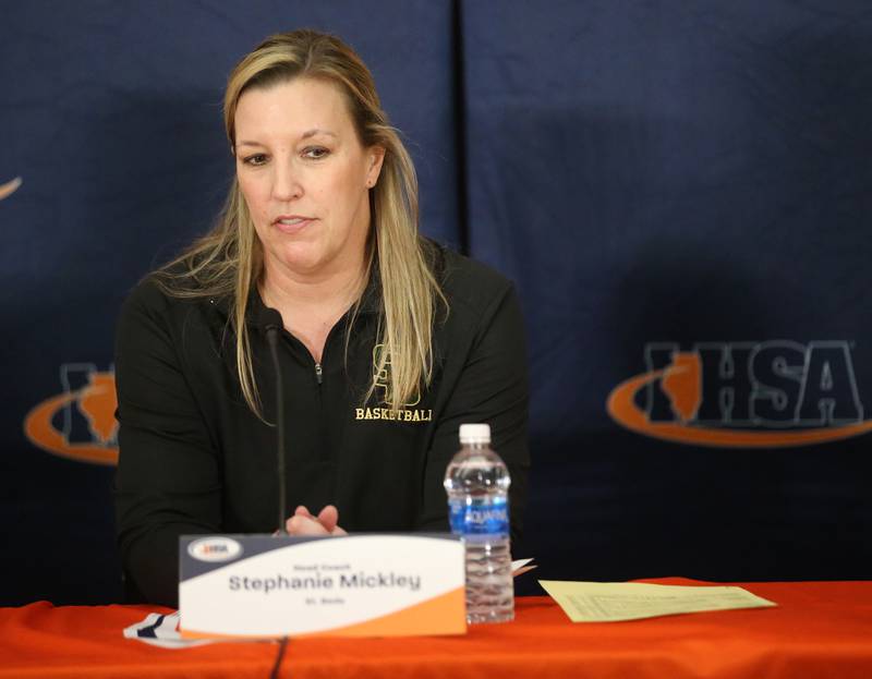 St. Bede head girls basketball coach Stephanie Mickley talks to the media after the game against Okawville in the Class 1A State semifinal game on Thursday, Feb. 29, 2024 at CEFCU Arena in Normal.