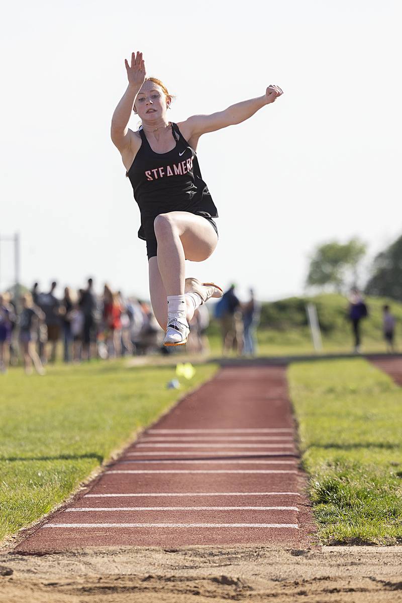 Fulton’s Paige Cramer takes off on her long jump attempt Wednesday, May 10, 2023 at the class 1A Erie girls track sectional.