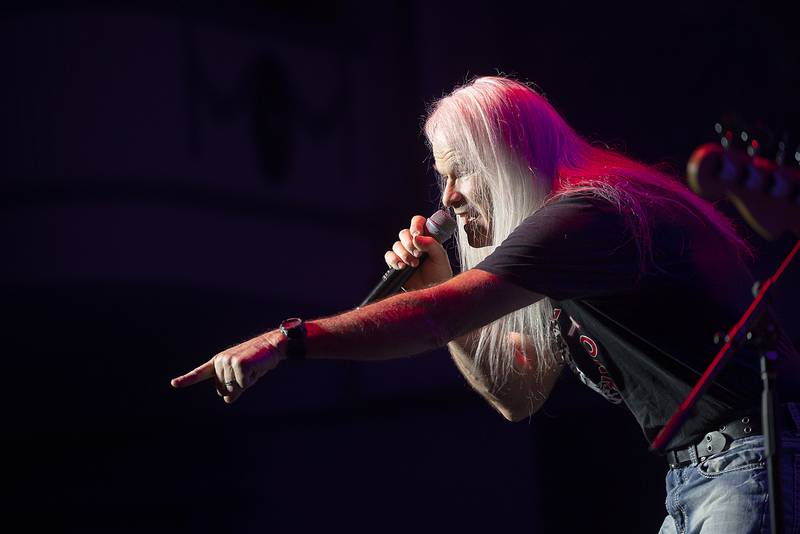 Darren Walker, lead vocalist for Head East gets the crowd going Saturday, April 22, 2023 at the Dixon Historic Theatre. The Illinois based band has been around for 50 years and proved they haven’t missed a beat by “rasing a little hell” with a large, excited crowd.