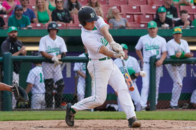 York's Owen Chael (3) singles against McHenry during a class 4A Kane County supersectional baseball game at Northwestern Medicine Field in Geneva on Monday, June 3, 2024.