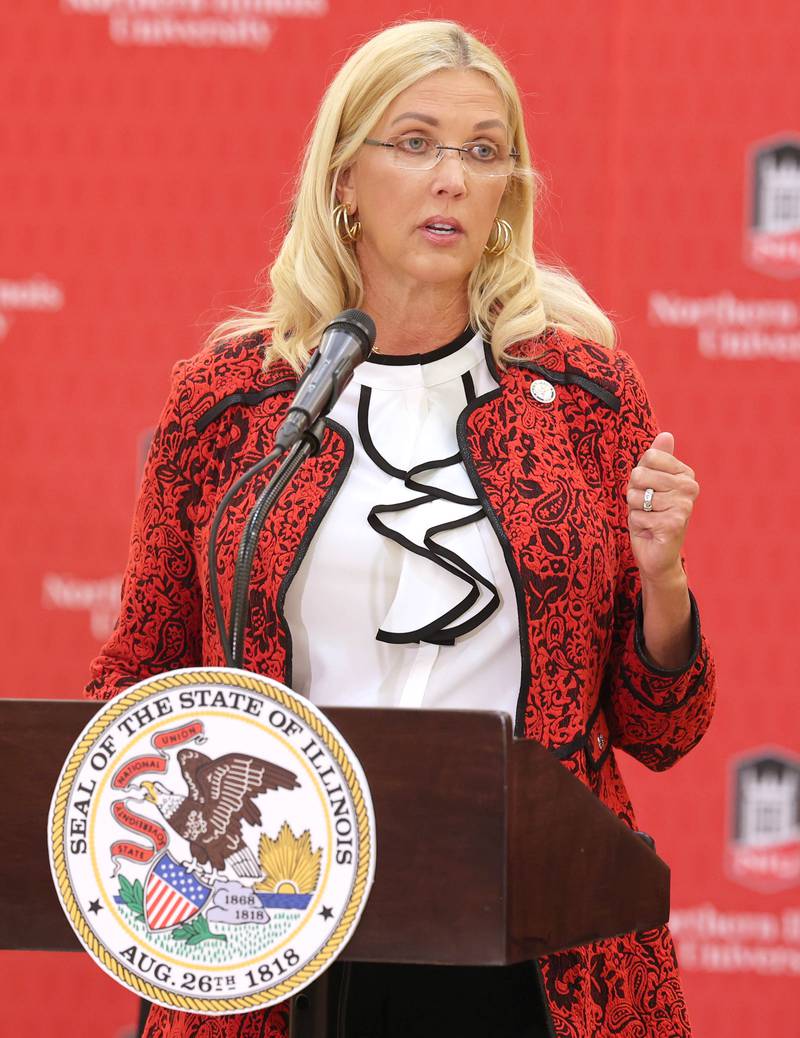 State Sen. Sue Rezin, R-Morris, speaks during a news conference Tuesday, April, 4, 2023,  in the Barsema Alumni and Visitors Center at Northern Illinois University in DeKalb. Resin and other Illinois lawmakers, DeKalb city officials, representatives from NIU and Gov. JB Pritzker were on hand to promote the importance of funding higher education in Illinois.