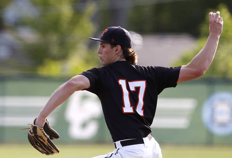 Crystal Lake Central's Connor Gibour throws a pitch during a Class 3A Grayslake Central sectional championship baseball game against Deerfield on Friday, May 31, 2024, at the Grayslake Central High School.