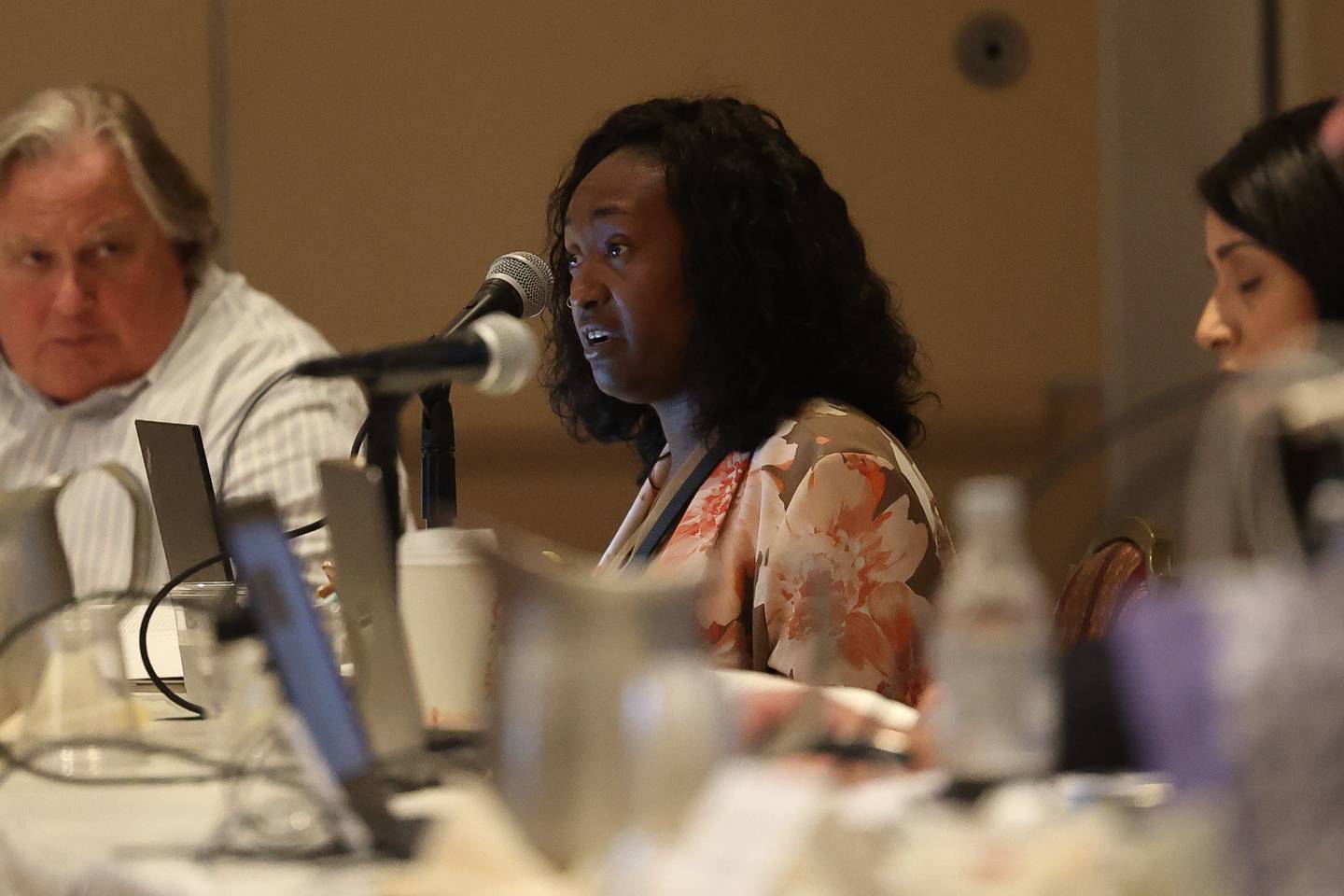 Illinois Health Facilities and Services Review Board Member Dr. Audrey Lynn Tanksley asks a question to the OSF HealthCare representatives at the State Board Meeting on Thursday, July 27 in Bolingbrook.