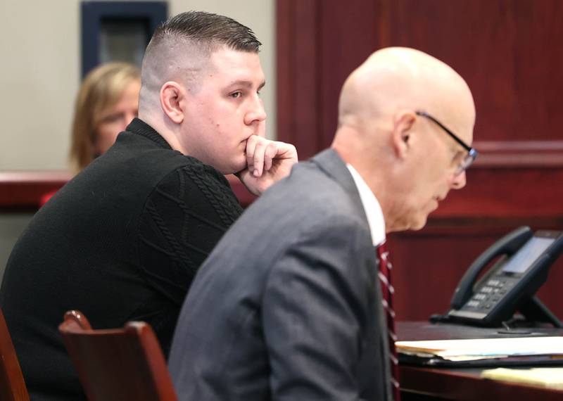 Shaw Local file – James Corralejo, (left) of DeKalb, and his attorney Gary Johnson listen to arguments by lead prosecutor Scott Schwertley Monday, April 29, 2024, during a hearing on his case at the DeKalb County Courthouse in Sycamore. Corralejo is charged with reckless homicide and DUI causing death in the fatal crash Nov. 5, 2023, that killed DeKalb woman Graciela Reza Contreras, 59.