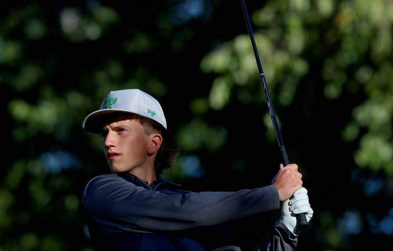 Cary-Grove’s Kevin Gossman tees off on 6 in Cary-Grove High School 2024 Invitational varsity golf action on Saturday, Sept. 7, 2024, at Foxford Hills Golf Club in Cary.