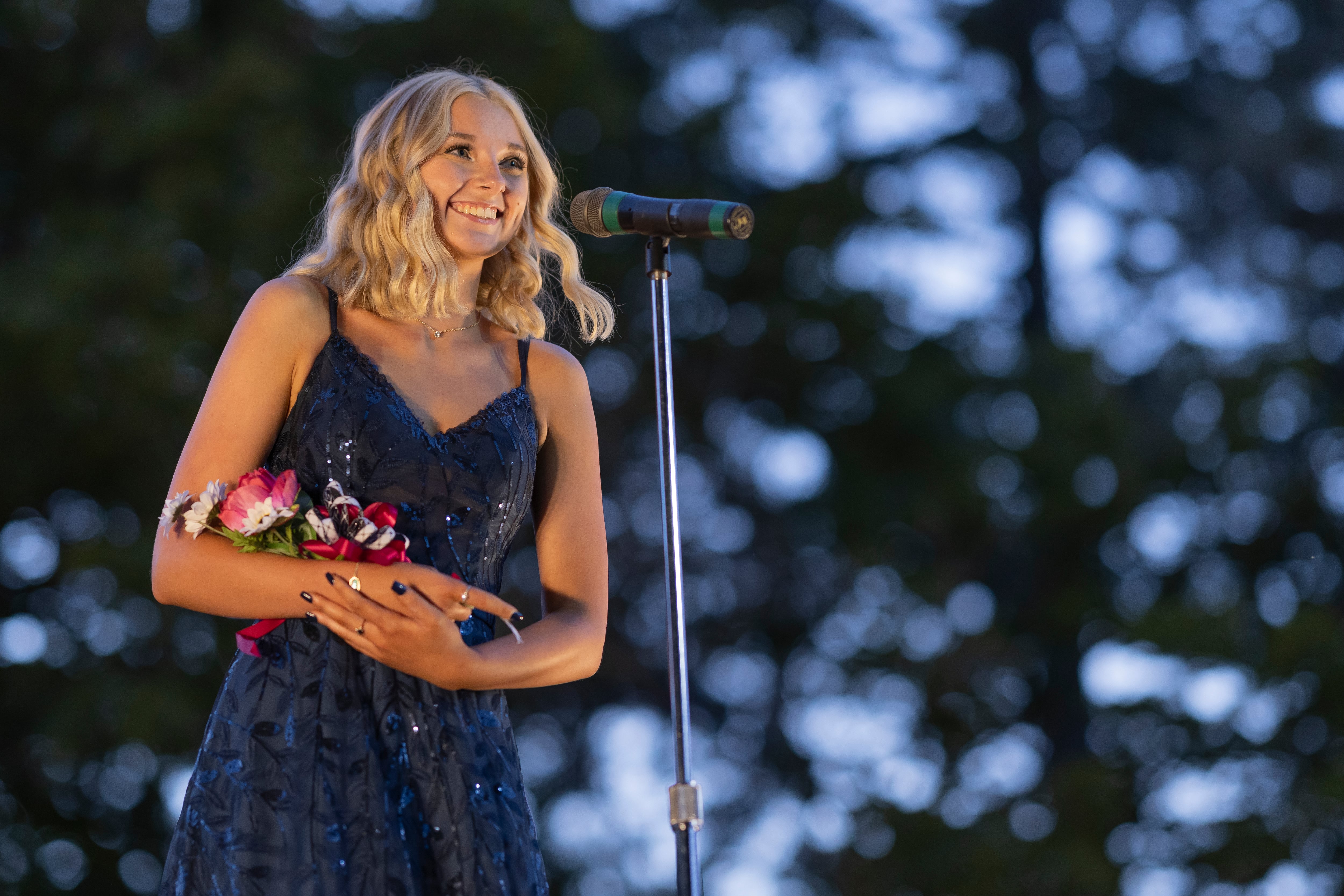 Bria Frey introduces herself to the crowd during the meeting the contestants portion of the 2024 Mendota Sweet Corn Festival Pageant on August 9, 2024.