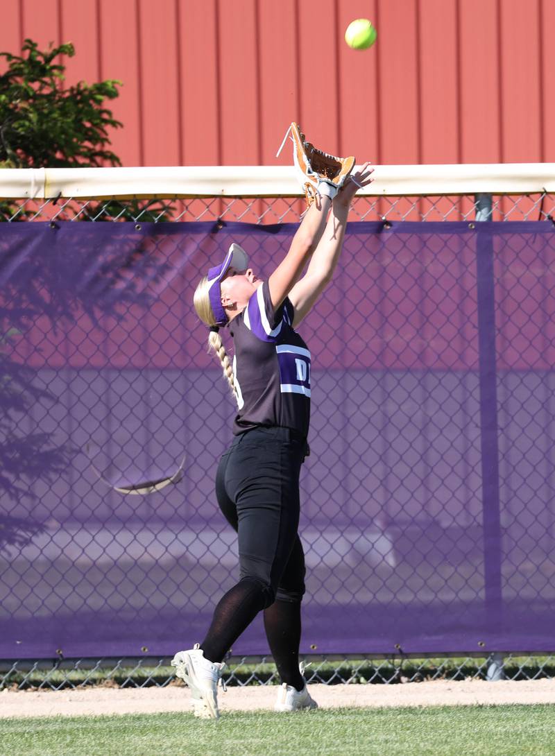 Dixon's Delaney Bruce makes a running catch during their Class 3A regional championship game against Sycamore Thursday, May 23, 2024, at Rochelle High School.
