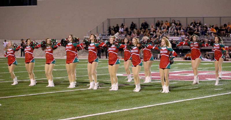 Members of the L-P Cavalettes perform at halftime during the game between L-P and United Township on Friday, Aug. 30, 2024 at Howard Fellows Stadium.