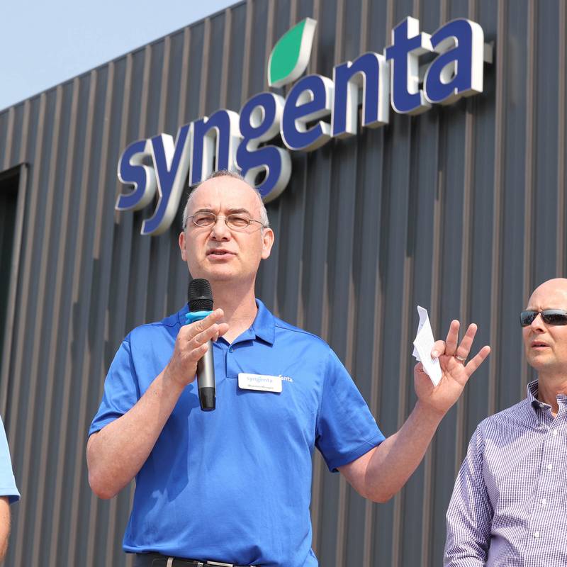 Warren Kruger, head of field crops seeds development for North America with Syngenta, speaks Friday, June 23, 2023, at the Grand Opening of the Syngenta Seeds Research and Development Innovation Center in Malta.