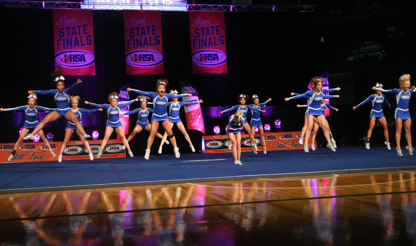 Members of the Burlington Central cheerleading team perform at the Competitive Cheerleading State Final Competition on Saturday, Feb. 3, 2024 at Grossinger Motors Arena in Bloomington.