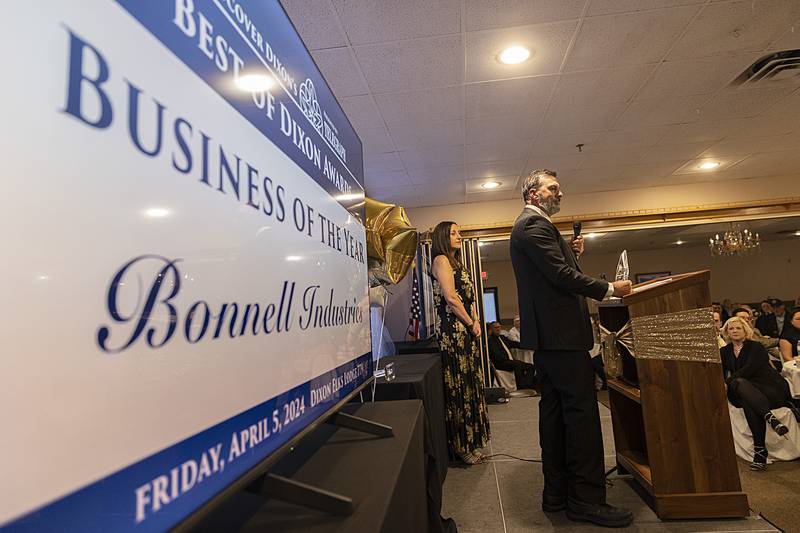 Joe Bonnell accepts the award for Business of the Year for Bonnell Industries Friday, April 5, 2024 during the Discover Dixon Best of Dixon Awards.