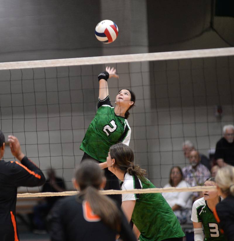 Rock Falls' Kaltrina Lecaj (2) hits against Winnebago during Saturday, Sept. 14, 2024 action at the Varsity Power Classic Tournament at Byron High School.