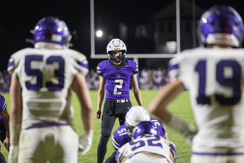 Dixon’s Cullen Shaner waits for the snap against Rockford Lutheran Friday, Sept. 27, 2024, at A.C. Bowers Field in Dixon.