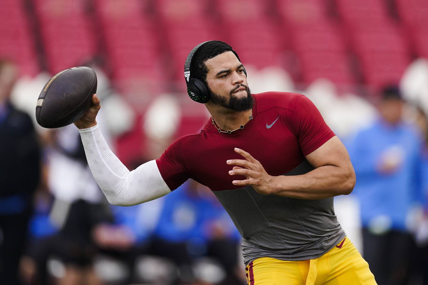 USC quarterback Caleb Williams warms up for the team's game against UCLA, Nov. 18, 2023, in Los Angeles.