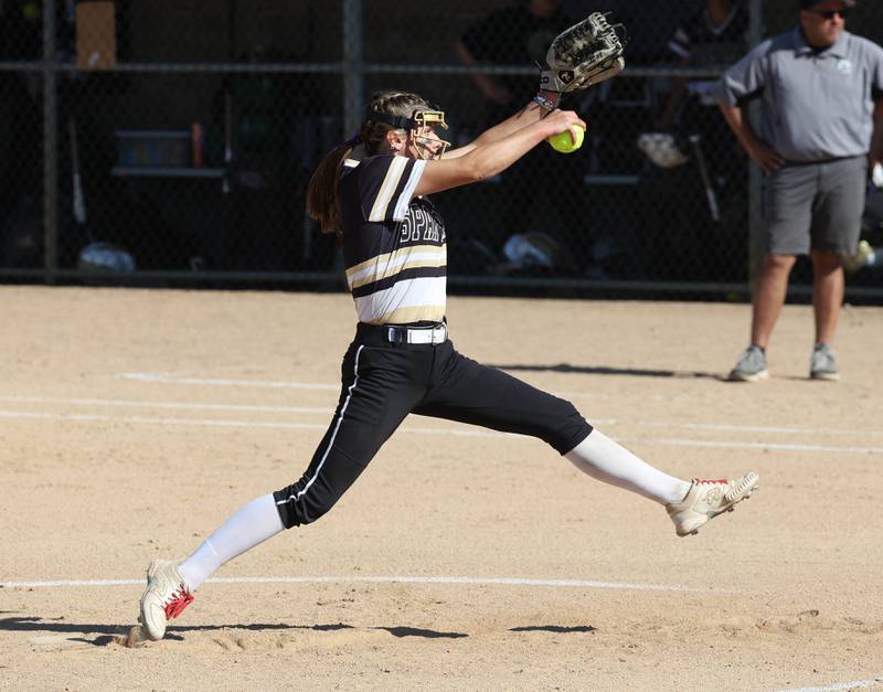 Sycamore's Bella Jacobs delivers a pitch during their Class 3A sectional semifinal against Kaneland Thursday, May 30, 2024, at Sycamore High School.