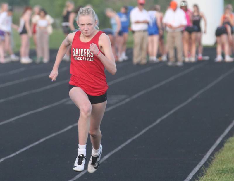 Earlville's Mackenzie Clemens competes in the 100 meter dash during the Class 1A Sectional meet on Wednesday, May 8, 2024 at Bureau Valley High School.