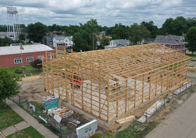 Crews work on the Second Story Teen Center building on Monday, July 8, 2024  in Princeton. The 6,000 square foot building, located at 125 N. Main St. will increase the capacity for providing numerous educational, mentorship, health, nutritional and social programs for Bureau County youth in sixth through 12th grades. Second Story is funded solely on private donations and the building committee is seeking financial and in-kind donations to invest in the future of the youth of Bureau County and their communities.