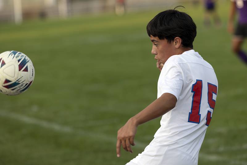 Oregon’s David Eckhardt eyes the ball against Dixon Wednesday, Sept. 11, 2024, at EC Bowers field in Dixon.