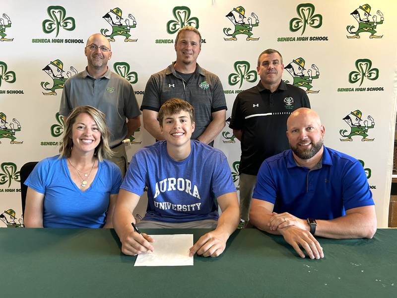 Seneca’s Lane Provance has signed on to continue his education at Aurora University in Aurora, Ill., and his football career at the NCAA Division 3 level with the Spartans. Provance, a tight end/linebacker, was a second-team member of the 2023 Times All-Area Football Team. Pictured at his signing ceremony are, from the left, in front - Breanna Provance, Lane Provance and Adam Provance; and in back – Levi Derber, Terry Maxwell and Ted O’Boyle.