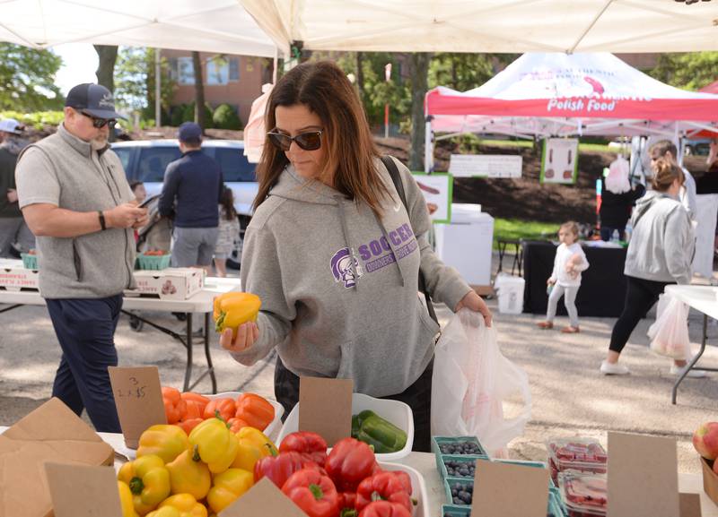 Lisa Burkhart of Downers Grove picks out yellow peppers from Six Generations Farm out of Barrington during the Downers Grove Farmers Market Saturday May 11, 2024.