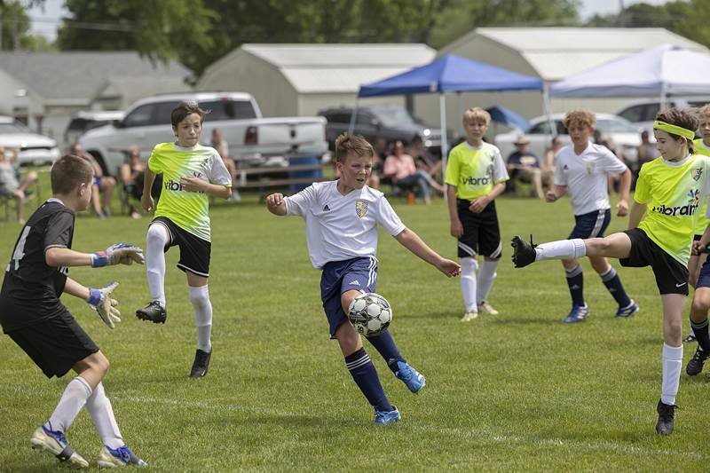 Sterling United’s Adlai Hilty fires a shot into the back of the net Sunday, May 19, 2024 at Scheid Park in Sterling.