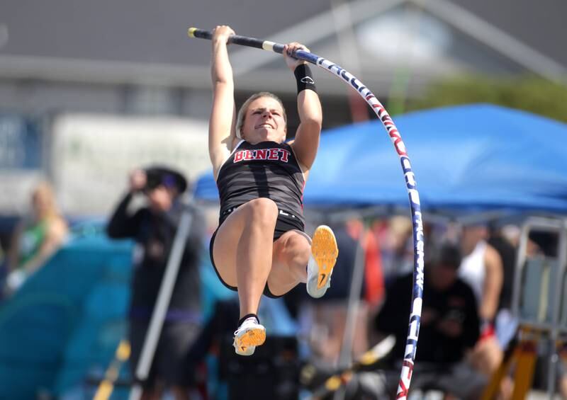 Benet’s Nicole Grimes competes in the 2A pole vault during the IHSA State Track and Field Finals at Eastern Illinois University in Charleston on Saturday, May 20, 2023.