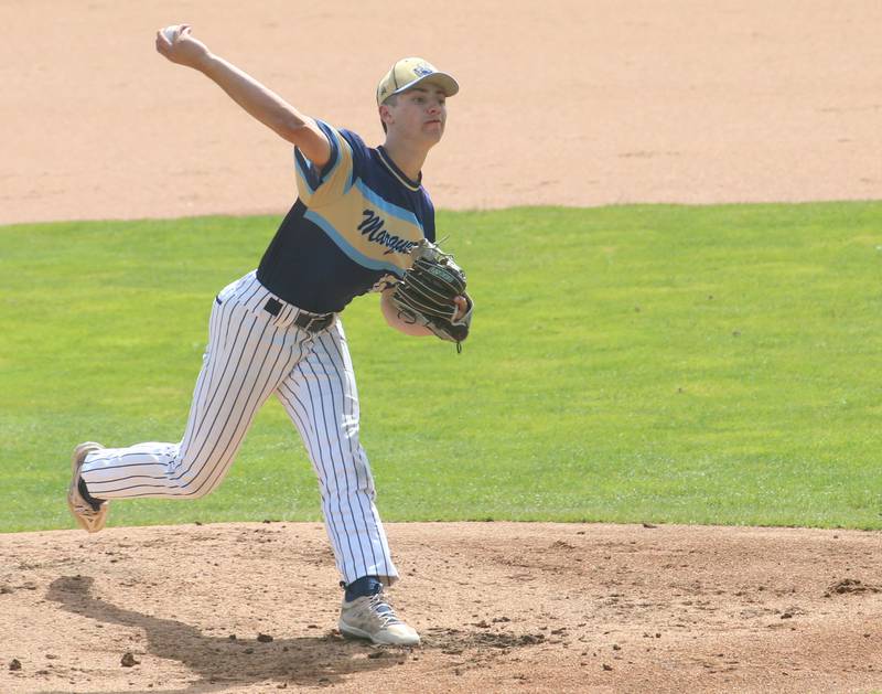 Marquette's Alec Novotney lets go of a pitch against Routt during the Class 1A semifinal game on Friday, May 31, 2024 at Dozer Park in Peoria.