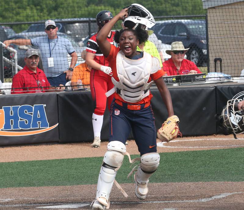 Oak Park-River Forest catcher Tyler Brock reacts after tagging out Yorkville's Kaitlyn Roberts at the plate during the Class 4A State semifinal softball game on Friday, June 9, 2023 at the Louisville Slugger Sports Complex in Peoria.